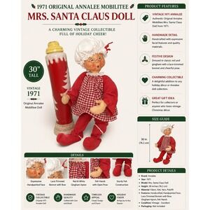 1971 Annalee Mobilitee 30 inch Vintage Christmas Felt Doll Red Gingham Mrs Claus
